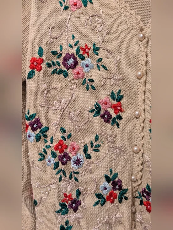 Jenny Vintage Cream Floral Embroidered V-Neck Cardigan Sweater - Picture 4 of 10